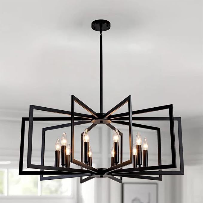 Black Chandelier for Dining Room,12-Light Dining Room Light Fixture Modern Geometric Metal Hanging Industrial Chandeliers for Entryway Kitchen Island Foyer Farmhouse Chandeliers