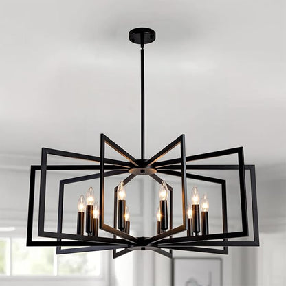Black Chandelier for Dining Room,12-Light Dining Room Light Fixture Modern Geometric Metal Hanging Industrial Chandeliers for Entryway Kitchen Island Foyer Farmhouse Chandeliers