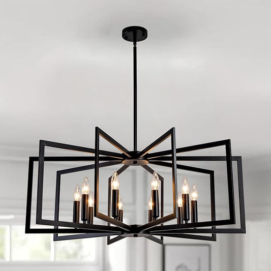 Black Chandelier for Dining Room,12-Light Dining Room Light Fixture Modern Geometric Metal Hanging Industrial Chandeliers for Entryway Kitchen Island Foyer Farmhouse Chandeliers