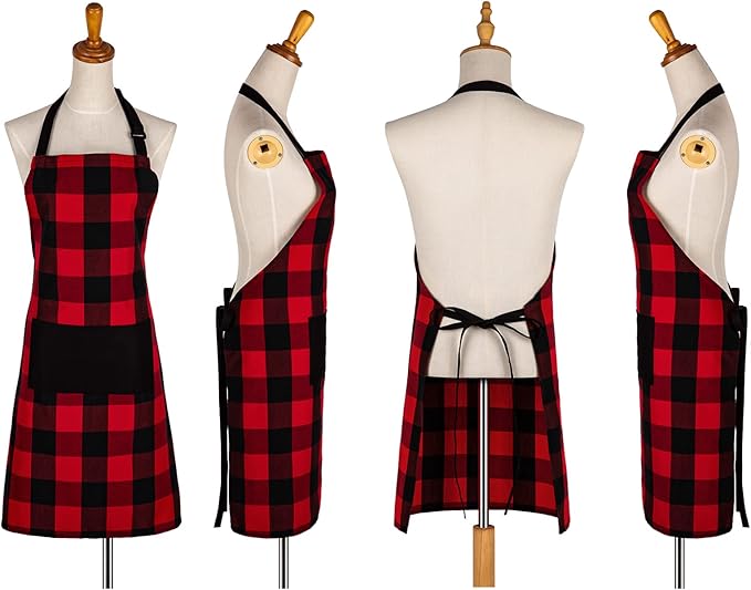 Jubatus 1 Pack Buffalo Check Apron with 2 Pockets Adjustable Bib Chef Kitchen Aprons for Men and Women, Red & Black