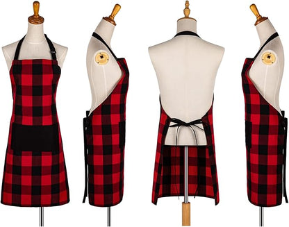 Jubatus 1 Pack Buffalo Check Apron with 2 Pockets Adjustable Bib Chef Kitchen Aprons for Men and Women, Red & Black
