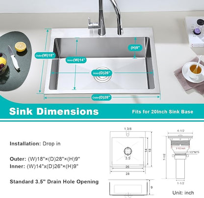 28 Inch Drop in Kitchen Sink, 18 Gauge 304 Stainless Steel Topmount Single Bowl Single Faucet Hole Handmade Kitchen Sink, 28" x 18" x 9"