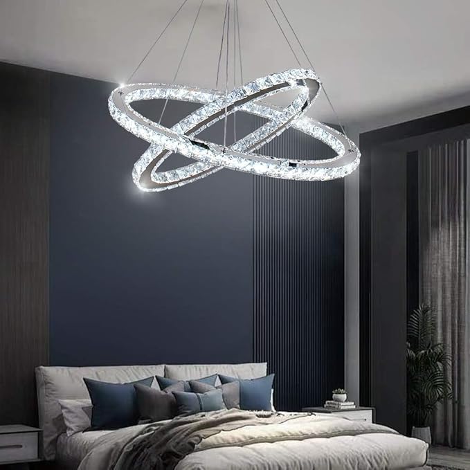 Finktonglan 23.6" Oval Crystal LED Chandelier, Modern 2 Ring Hanging Light Fixture, Cool White 6500K, Non-Dimmable, Built-in LED Pendant Light for Dining Room Bedroom