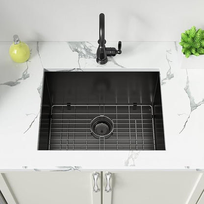 Sarlai Black Undermount Laundry Sink 24 Inch - 13 Inch Deep Undermount Laundry Utility Gunmetal Black Sink Single Bowl Kitchen Sinks 16 Gauge Stainless Steel Laundry Tub Sinks Basin 24"x19"x13"