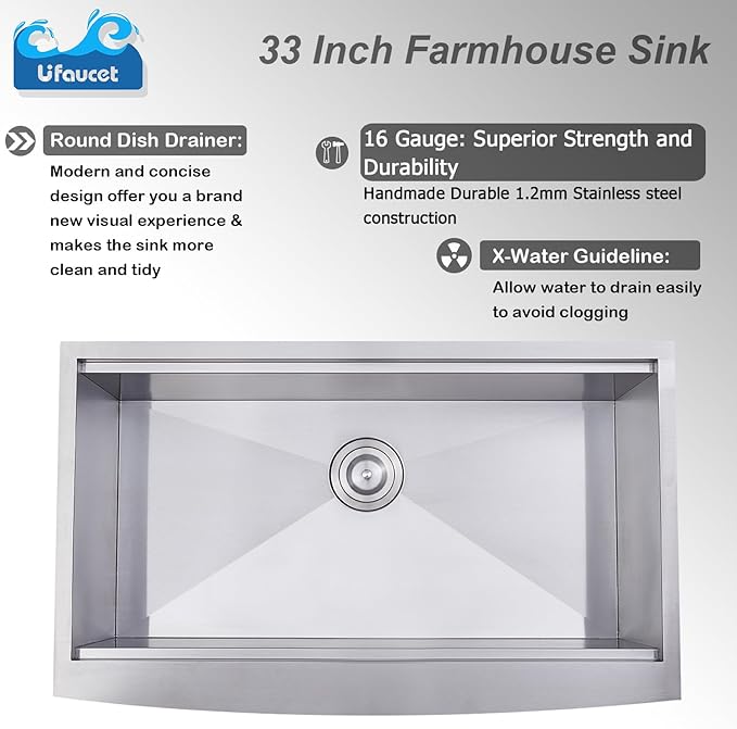 33 Inch Farmhouse Sink, 33x20x9 Stainless Steel Undermount Apron Front Farm Kitchen Sink Single Bowl 16 Gauge Workstation and with Accessories