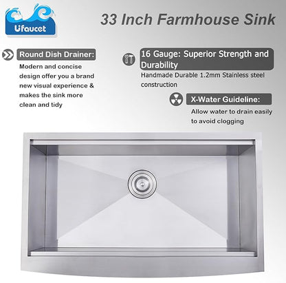 33 Inch Farmhouse Sink, 33x20x9 Stainless Steel Undermount Apron Front Farm Kitchen Sink Single Bowl 16 Gauge Workstation and with Accessories