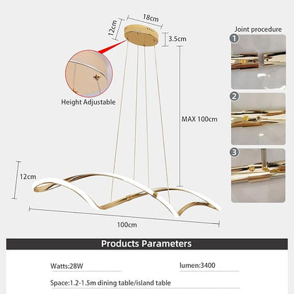 39 Inch Modern LED Pendant Light, Remote Control Dimmable Adjustable Height, DIY Kitchen Island Lighting & Dining Room Chandelier, Gold Plated Energy Saving Linear Chandelier
