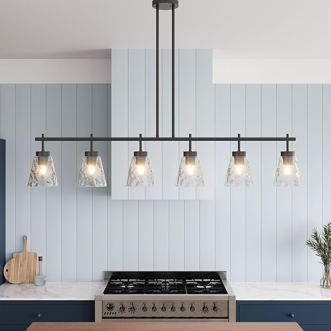 Aiwen 6-Light Kitchen Island Lighting, Modern 48 inch Black Island Chandelier with Glass Shade, Industrial Linear Pendant Lighting Over Table, Pendant Light Fixture for Dining Room