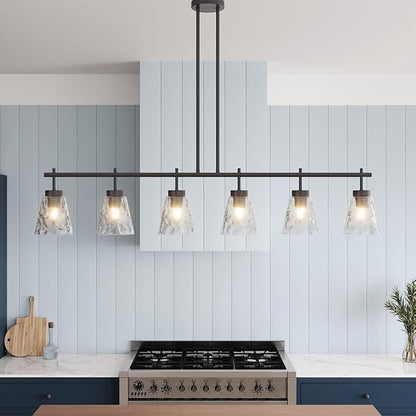 Aiwen 6-Light Kitchen Island Lighting, Modern 48 inch Black Island Chandelier with Glass Shade, Industrial Linear Pendant Lighting Over Table, Pendant Light Fixture for Dining Room