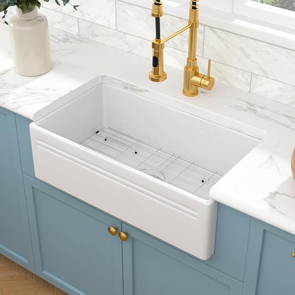 Sarlai 30 Farmhouse Sink White - 30 x 18 Inch Kitchen Sink Apron Front Reversible White Ceramic Porcelain Fireclay Single Bowl Farm Sinks Basin