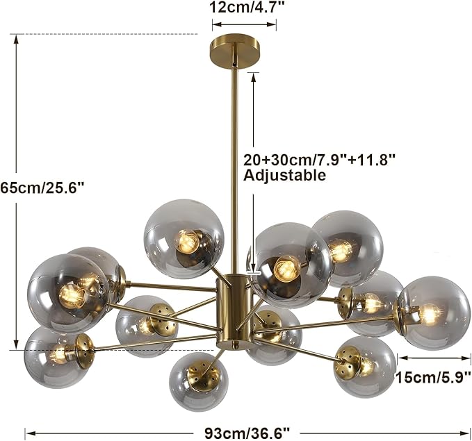 KCO Lighting Modern Large Sputnik Chandelier Gold Sputnik Ceiling Light Fixture 12-Lights Smoke Glass Globe Flush Mount Chandelier Mid Century Round Dining Room Chandelier