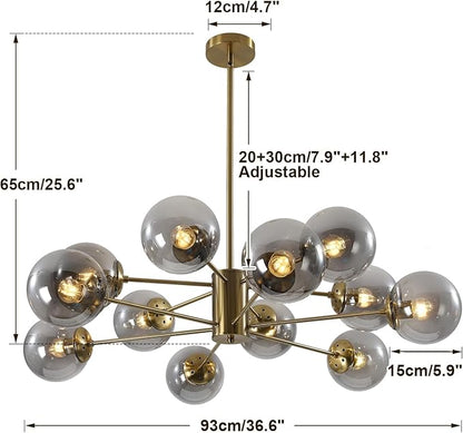 KCO Lighting Modern Large Sputnik Chandelier Gold Sputnik Ceiling Light Fixture 12-Lights Smoke Glass Globe Flush Mount Chandelier Mid Century Round Dining Room Chandelier