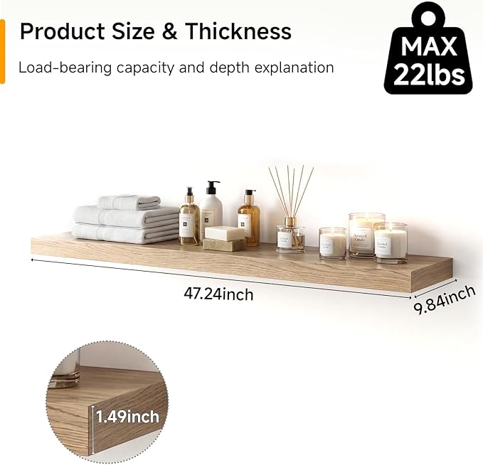 INHABIT UNION 47in Floating Shelves for Wall, Wall Mounted Shelves for Decor Storage Set of 2, Floating Shelf for Bedroom, Bathroom, Living Room and Kitchen（Gray Oak）