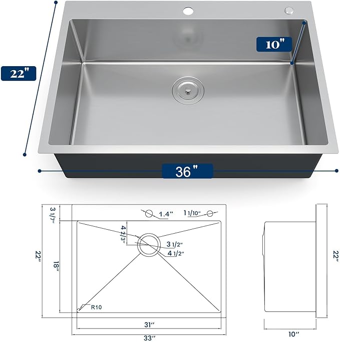 Stainless Steel Kitchen Sink 36 × 22 × 10 inch – Topmount Single Bowl Sink, Brushed Finish, Includes Bottom Grid & Drain, 2.0mm Rim, 1.0mm Bowl