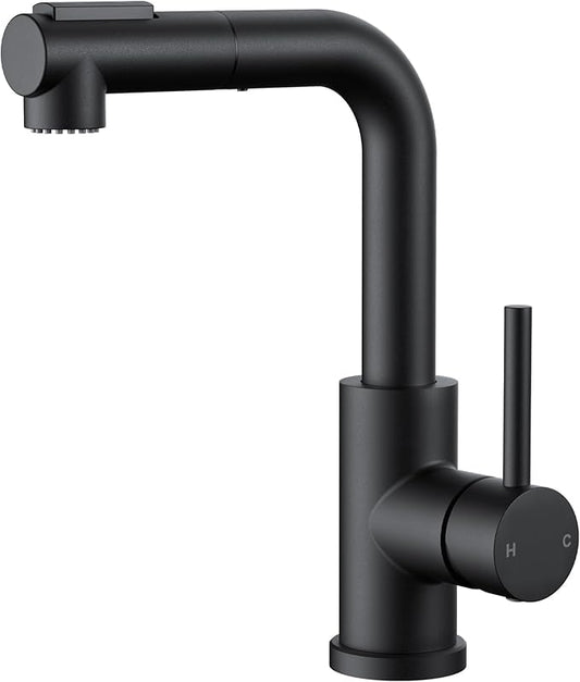 FORIOUS Modern Black Bar Sink Faucet, Stainless Steel Single Handle Small Pre Kitchen Sink Faucet with Pull Out Sprayer, 360° Swivel Spout L-Shaped Design Suitable for Camper Outdoor Bathroom RV