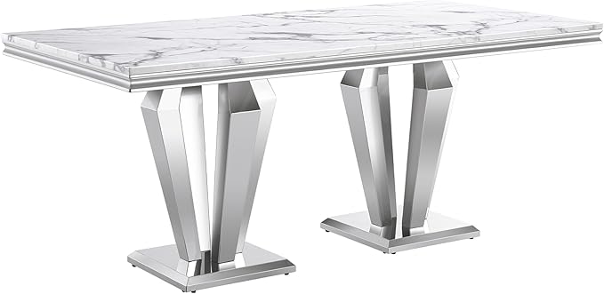 Modern Dining Table for 6-8, 68 Inch White Marble Kitchen Table with Silver Mirrored Dimaond Design Legs, Luxurious Rectangular Faux Marble Dining Room Table for Dining Room,Living Room