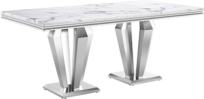 Modern Dining Table for 6-8, 68 Inch White Marble Kitchen Table with Silver Mirrored Dimaond Design Legs, Luxurious Rectangular Faux Marble Dining Room Table for Dining Room,Living Room