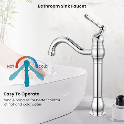gotonovo Vessel Sink Faucet 360° Swivel Spout Single Handle Tall Bathroom Faucet 1 Hole Farmhouse Lavatory Washbasin Mixer Tap Matching Supply Hoses, Without Pop Up Drain, Polish Chrome