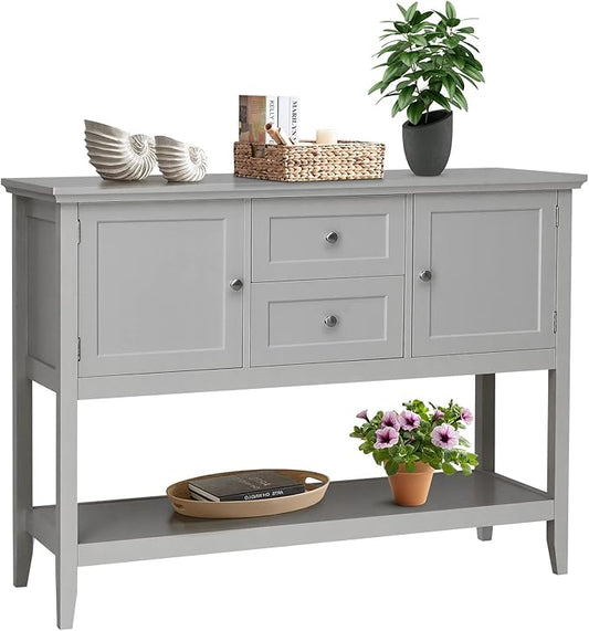 Byroce Farmhouse Coffee Bar Cabinet, Wood Kitchen Island with 2 Cabinets, Storage Drawers & Open Shelf, Buffet Sideboard Console Table for Home Living Room, Kitchen, Dining Room (Grey)