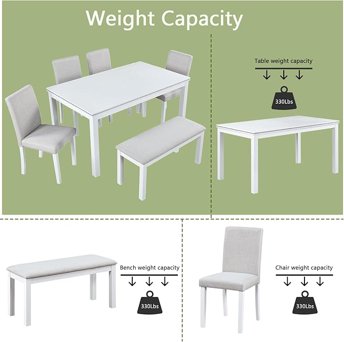 6 Piece Dining Table Set for 6, Rectangular Wooden Table with 4 Upholstered Chairs and 1 Bench, Elegant White Dining Room Set with Crystal Decoration
