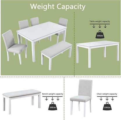 6 Piece Dining Table Set for 6, Rectangular Wooden Table with 4 Upholstered Chairs and 1 Bench, Elegant White Dining Room Set with Crystal Decoration