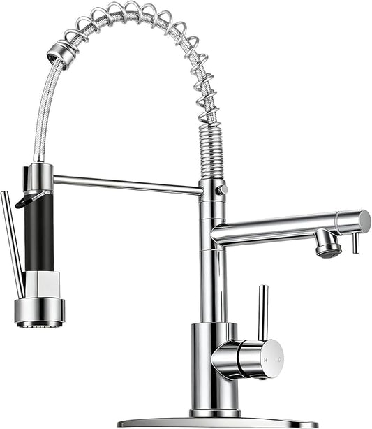 Kitchen Faucet with Pull Down Sprayer - Chrome Single Handle Commercial Kitchen Faucets, 2-Spout Kitchen Sink Faucet, Stainless Steel Spring Pull Out Sink Faucet 1/3 Hole