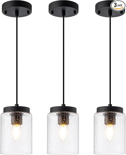 3 Pack Seeded Glass Pendant Light Black Pendant Lighting Modern Mini Hanging Lighting Adjustable Cord for Kitchen Island Dining Room Sink,4.7in