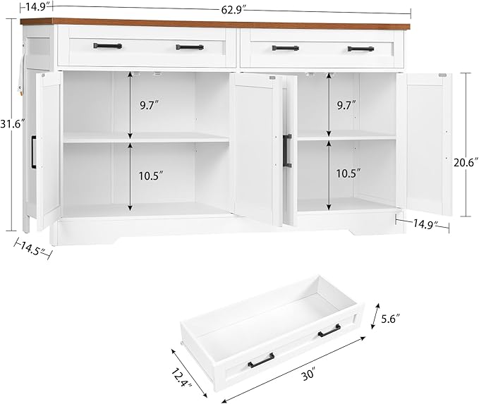 TEENFON 63” Buffet Cabinet with Storage and 2 Drawers, Large Sideboard Cabinet with 2 Adjustable Shelves and 4 Doors, Coffee Bar, Buffet Table for Kitchen, Dining Room, White