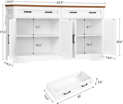 TEENFON 63” Buffet Cabinet with Storage and 2 Drawers, Large Sideboard Cabinet with 2 Adjustable Shelves and 4 Doors, Coffee Bar, Buffet Table for Kitchen, Dining Room, White