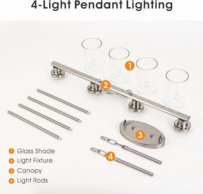 Kitchen Island Lighting, 4-Light Farmhouse Dining Room Light Fixtures Over Table, Linear Chandelier Pendant Lighting for Kitchen Island for Brushed Nickel Finish with Clear Glass Shade