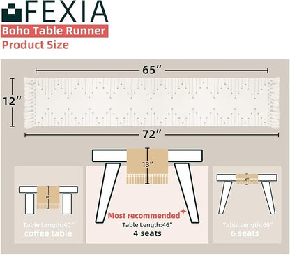 FEXIA Boho Table Runner with Tassels 72 Inches Long for Home Decor Room Decor Farmhouse Rustic Macrame Table Runners for Dining Bedroom Bridal Shower(12x72 Inches)