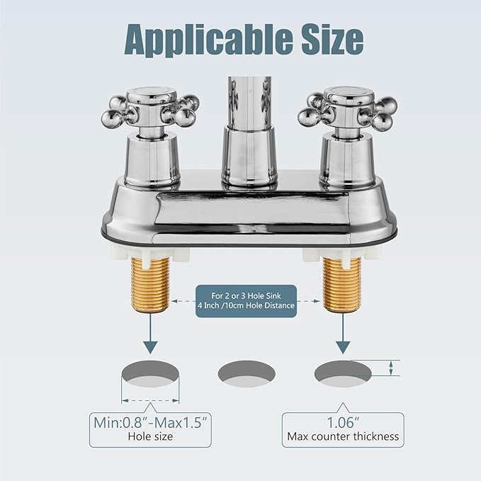 Aolemi 4 Inch Centerset Bathroom Sink Faucet Vintage 2 Cross Handle RV Mixer Tap Basin Vanity Lavatory Utility for Sink 3 Hole Include Hoses Pop Up Drain Faucet Handle Without Label Polish Chrome
