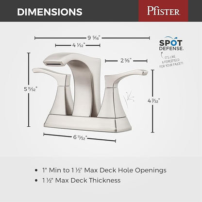 Pfister Venturi Bathroom Sink Faucet 4 in Centerset 3 Hole Double Handle Brushed Nickel Finish with Push & Seal Drain TiteSeal Technology WaterSense Certified LF048VNGS