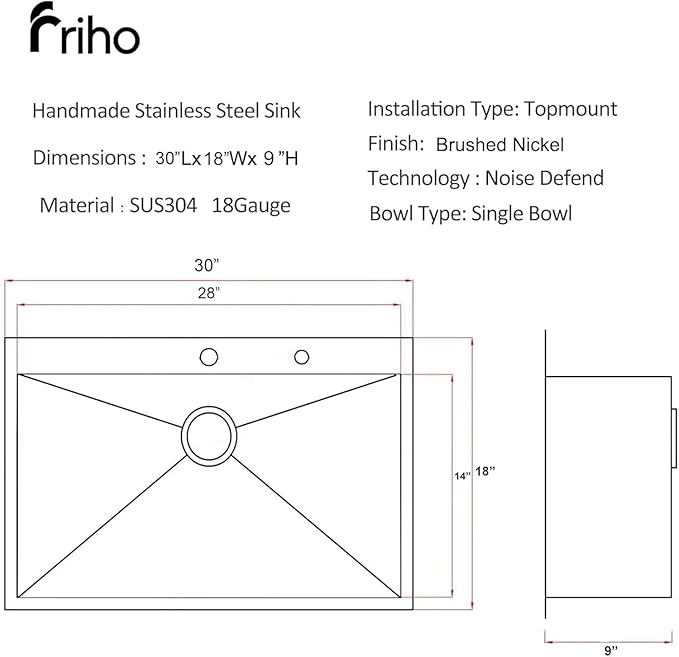 Friho 30 Inch Drop in Kitchen Sink, 30x18 Top Mount Commercial Handmade 18 Gauge Single Bowl Stainless Steel Sink With Basket Strainer