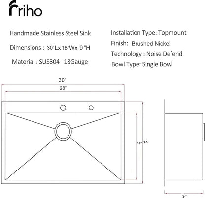 Friho 30 Inch Drop in Kitchen Sink, 30x18 Top Mount Commercial Handmade 18 Gauge Single Bowl Stainless Steel Sink With Basket Strainer