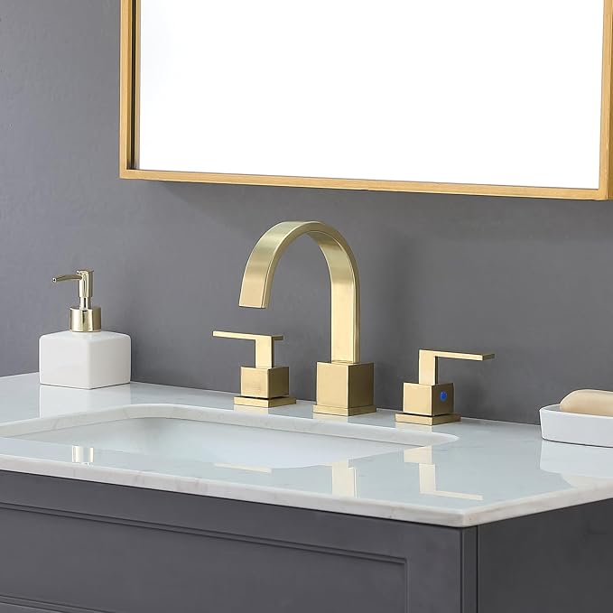 KINGO HOME Gold Bathroom Faucet, Brushed Gold Faucets Bathroom 3 Hole 8inch Widespread Waterfall 2 Handle Brass Faucets Bath Sink Vanity Faucet with Pop Up Drain and Supply Lines