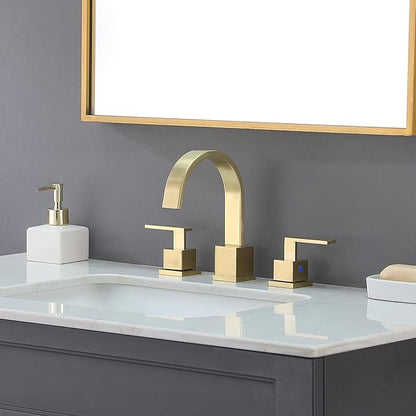 KINGO HOME Gold Bathroom Faucet, Brushed Gold Faucets Bathroom 3 Hole 8inch Widespread Waterfall 2 Handle Brass Faucets Bath Sink Vanity Faucet with Pop Up Drain and Supply Lines