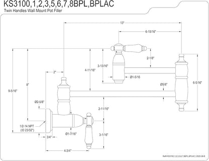 Kingston Brass KS3105BPL Bel-Air Wall Mount Pot Filler Kitchen Faucet, Oil Rubbed Bronze