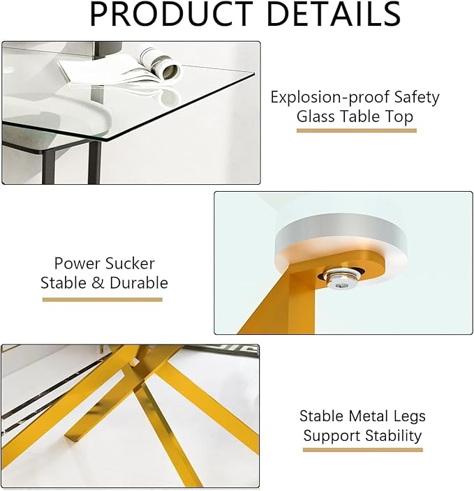60" Rectangle Dining Table for 6 5 4 People, Modern Dining Table with Gold Chrome Metal X-Shaped Legs, Large Glass Kitchen Tables Family Dinner Tables for Home Office Living Room