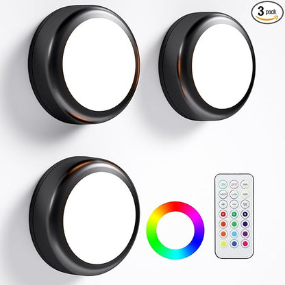 LED Puck Lights with Remote, 13-Color Under Cabinet Lighting Wireless, Battery Operated Stick-On Lights, Dimmable Push Light for Closet/Shelf/Wall (Black-3 Pack)