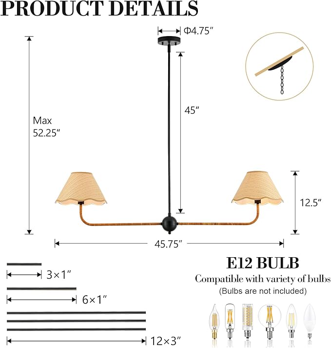 VILUXY 2-Light Linear Chandelier Kitchen Island Lighting Fixture with Rattan Shade 47’’ Farmhouse Linear Light Fixture for Dining Room, UL Listed