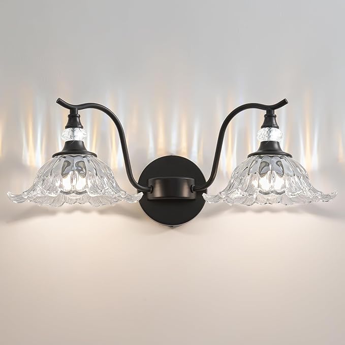 Vintage Bathroom Vanity Light Fixtures - 2 Light Antique Matte Black Bathroom Lights Fixture Over Mirror with Clear Flower Glass,Retro High End Wall-Mounted Vanity Lighting for Bath Powder Room