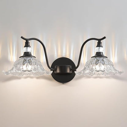 Vintage Bathroom Vanity Light Fixtures - 2 Light Antique Matte Black Bathroom Lights Fixture Over Mirror with Clear Flower Glass,Retro High End Wall-Mounted Vanity Lighting for Bath Powder Room