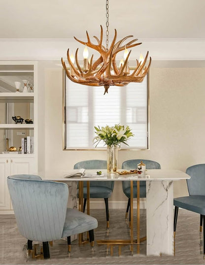 Farmhouse Antler Chandelier, Rustic Deer Antler Chandelier Lighting Fixtures, 6-Light, Vintage Deer Horn Pendant Light Fixtures for Home Bar Coffee Hotel Store (Brown 6 Light Arms+3 arms)