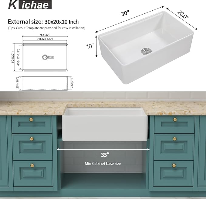White Farmhouse Sink Fireclay Workstation Apron Front Farmer Kitchen Sink 30"x20" Undermount Single Bowl Kitchen Sink with Accessories