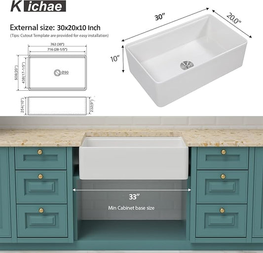 White Farmhouse Sink Fireclay Workstation Apron Front Farmer Kitchen Sink 30"x20" Undermount Single Bowl Kitchen Sink with Accessories