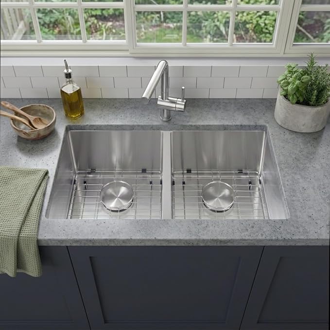 LQS Kitchen Sink 31x18, 31 Inch Undermount Kitchen Sink Double Bowl, Stainless Steel Sink and 50/50 Double Bowl with Two Sink Grids and Two Sink Strainers
