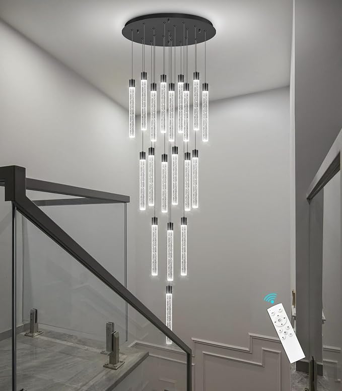 19-Light Long Large Modern Led Crystal Chandeliers Modern Spiral Chandeliers High Ceilings Chandelier for Staircase Foyer Black