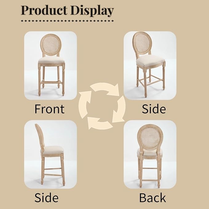 French Country Upholstered Bar Stools Set of Two, Natural Rattan Round Backrest, Solid Wood Frame with Carving and Wire Drawing Techniques, Vintage Dining Chairs for Kitchen Island (Beige A)