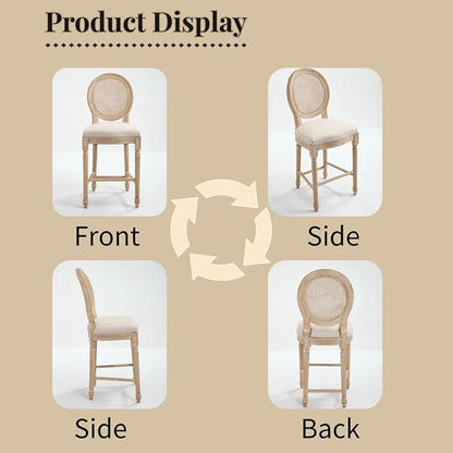 French Country Upholstered Bar Stools Set of Two, Natural Rattan Round Backrest, Solid Wood Frame with Carving and Wire Drawing Techniques, Vintage Dining Chairs for Kitchen Island (Beige A)